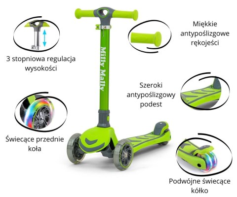 Milly Mally Scooter Hulajnoga Boogie Green Zielona aluminium składana regulacja wysokości kierownicy świecące koła 3 lata+ Milly Mally Scooter Hulajnoga Boogie Green Zielona aluminium składana regulacja wysokości kierownicy świecące koła 3 lata+