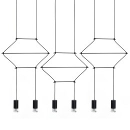 King Home Lampa wisząca LED FLUSSO LINE 6 czarna metal klosze szkło satynowe minimalistyczna geometryczna konstrukcja