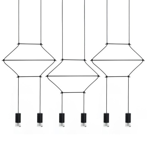 King Home Lampa wisząca LED FLUSSO LINE 6 czarna metal klosze szkło satynowe minimalistyczna geometryczna konstrukcja