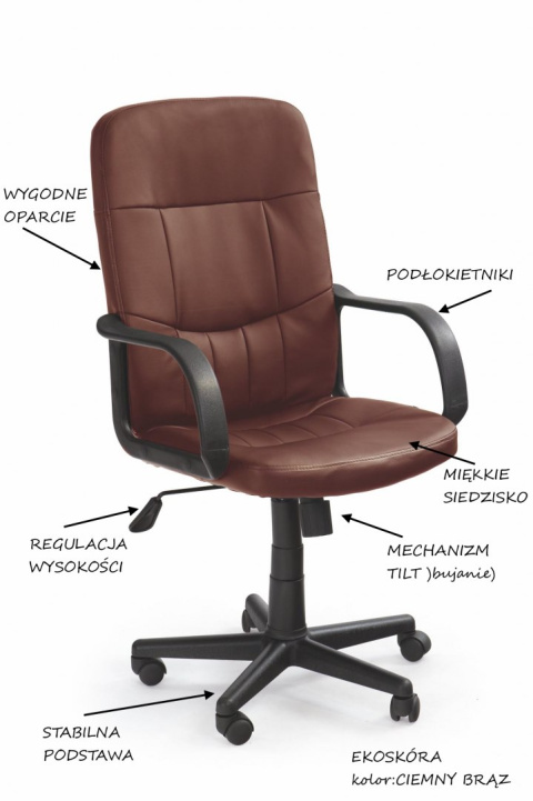 FOTEL BIUROWY MECHANIZM TILT NA KÓŁKACH PRACOWNICZY DENZEL CIEMNY BRĄZ EKOSKÓRA Halmar REGULOWANA WYSOKOŚĆ FOTEL BIUROWY MECHANIZM TILT NA KÓŁKACH PRACOWNICZY DENZEL CIEMNY BRĄZ EKOSKÓRA Halmar REGULOWANA WYSOKOŚĆ