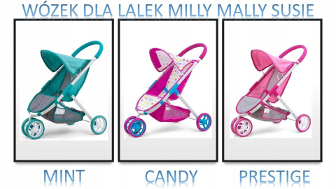 Milly Mally Wózek dla lalek spacerowy Susie Prestige Mint Miętowo Szary trójkołowy pasy bezpieczeństwa siatka na drobiazgi budka Milly Mally Wózek dla lalek spacerowy Susie Prestige Mint Miętowo Szary trójkołowy pasy bezpieczeństwa siatka na drobiazgi budka