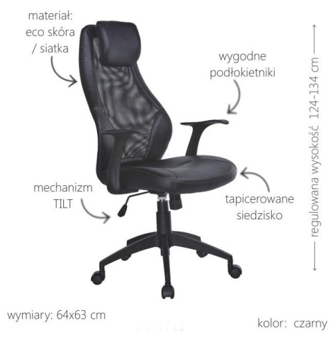 FOTEL PRACOWNICZY OBROTOWY TILT TORINO Halmar CZARNY ekoskóra NA KÓŁKACH Z PODŁOKIETNIKAMI FOTEL PRACOWNICZY OBROTOWY TILT TORINO Halmar CZARNY ekoskóra NA KÓŁKACH Z PODŁOKIETNIKAMI