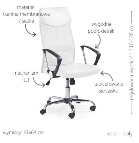 FOTEL NA KÓŁKACH PRACOWNICZY OBROTOWY TILT VIRE Halmar BIAŁY tkanina + siatka FOTEL NA KÓŁKACH PRACOWNICZY OBROTOWY TILT VIRE Halmar BIAŁY tkanina + siatka