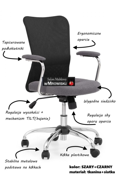 Halmar ANDY fotel obrotowy młodzieżowy popielaty / czarny tkanina siatka TILT Halmar ANDY fotel obrotowy młodzieżowy popielaty / czarny tkanina siatka TILT