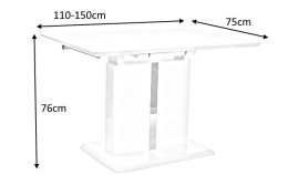 SIGNAL STÓŁ DALLAS PROSTOKĄTNY ROZKŁADANY BLAT MDF BIAŁY LAKIER STELAŻ MDF + METAL (110-150)X75