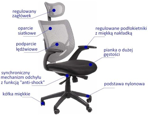 Fotel obrotowy KB-8904 SZARY - krzesło biurowe do biurka - TILT, ZAGŁÓWEK Fotel obrotowy KB-8904 SZARY - krzesło biurowe do biurka - TILT, ZAGŁÓWEK