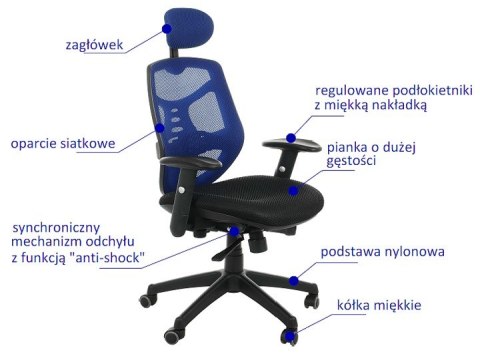 Fotel obrotowy KB-8905 NIEBIESKI - krzesło biurowe do biurka - TILT, ZAGŁÓWEK Fotel obrotowy KB-8905 NIEBIESKI - krzesło biurowe do biurka - TILT, ZAGŁÓWEK
