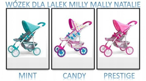 Milly Mally Wózek dla lalek spacerówka Natalie Candy Różowo Biały składany kosz na drobiazgi składana budka pasy Milly Mally Wózek dla lalek spacerówka Natalie Candy Różowo Biały składany kosz na drobiazgi składana budka pasy